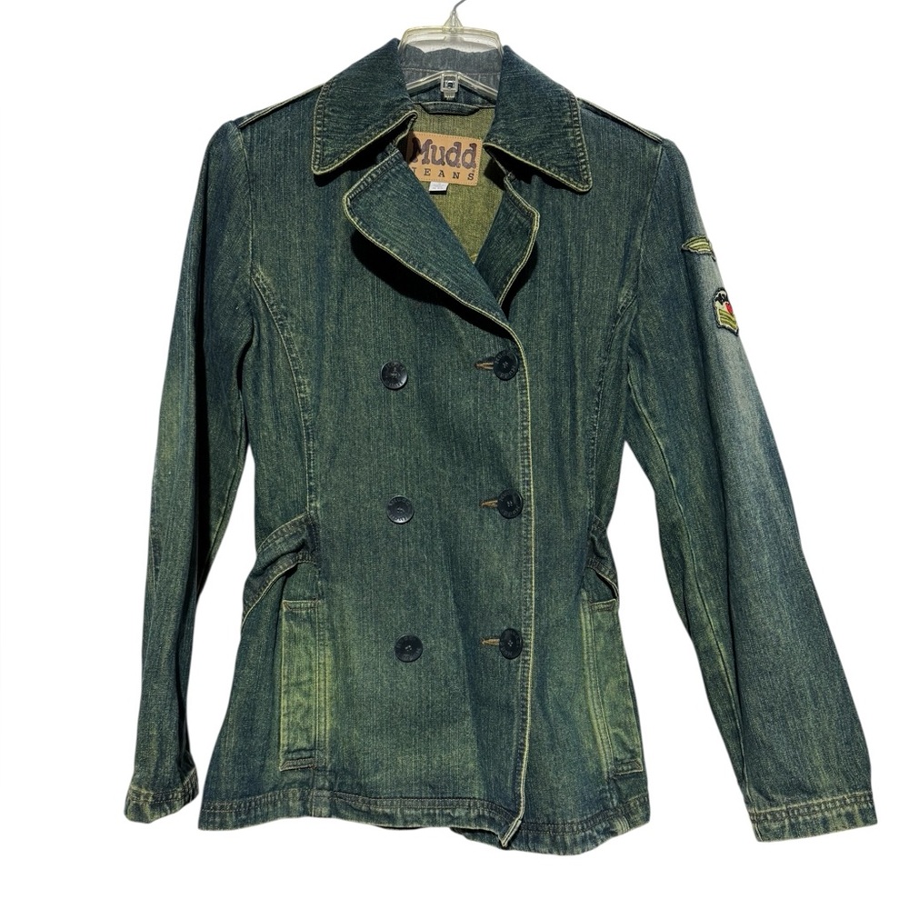 MUDD Y2K 90s Patch Double Breasted Denim Jean Jacket Coat Size Small‎ Basic